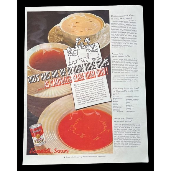 Campbell's Soup Vintage Print Ad 1938 Chef's Hats Off Tomato Mushroom Consomme - Picture 1 of 5